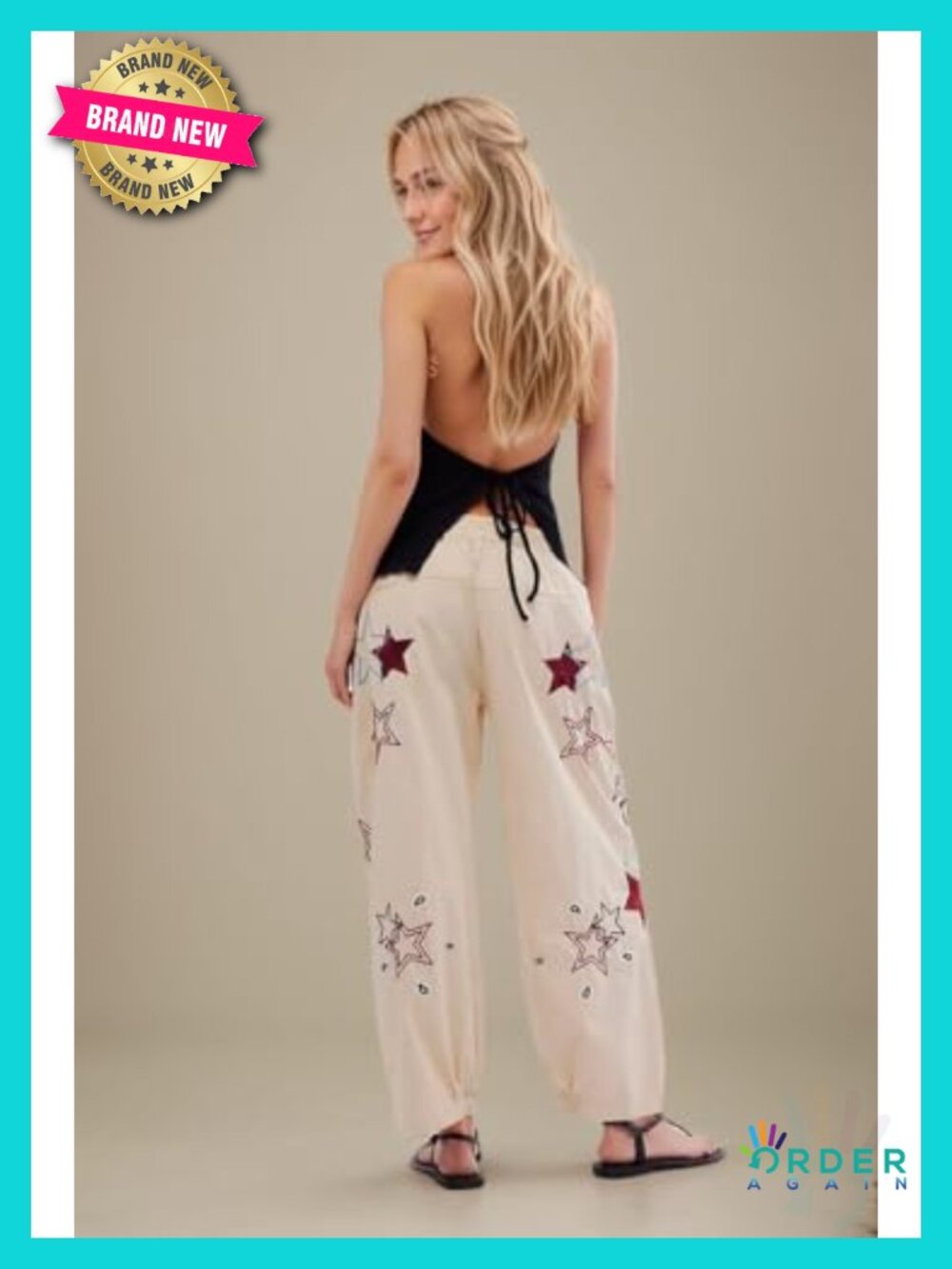 Mid Rise Barrel Starry Print Wide Leg Jeans Embroidered Baggy Boyfriend - Picture 2 of 6